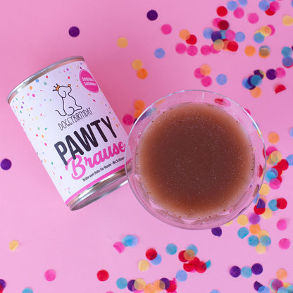DoggyBirthday PAWTY-Brause - Hühnerknochenbrühe mit Erdbeere 400ml Dose